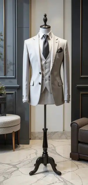 Silver silk formal suit with a fitted silhouette and matching vest.