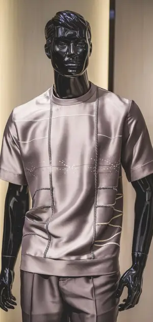 Shiny silk t-shirt for men with stitched accents.