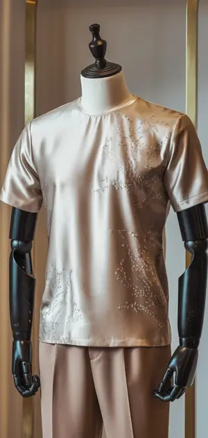 Luxurious silk t-shirt with textured floral design.