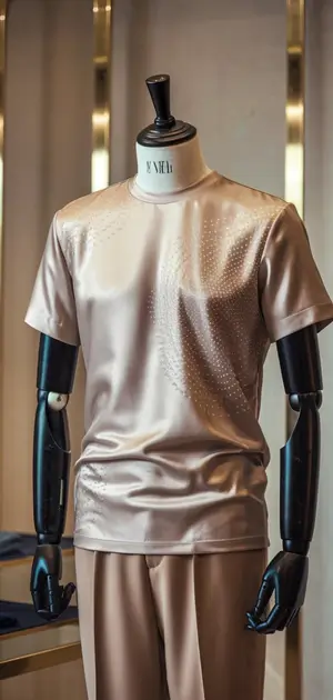 Beige silk t-shirt with subtle textured details.
