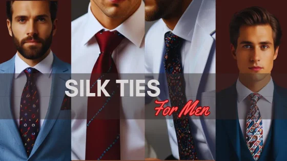 Silk ties for men in various patterns and colors on a wooden table