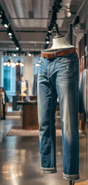 Light-wash skinny jeans with rolled cuffs on a mannequin in a contemporary retail store.