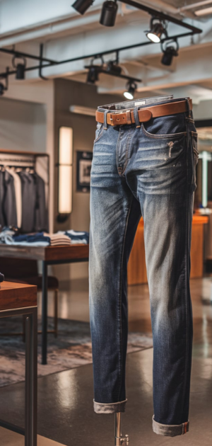 Faded skinny jeans paired with a leather belt, displayed in a stylish retail environment.