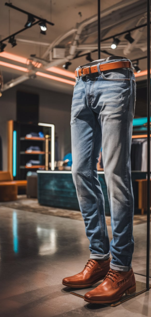 Skinny jeans paired with tan leather shoes, showcased in a contemporary store
