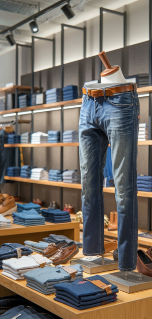 Blue slim-fit jeans paired with a brown belt on a mannequin in a retail setting