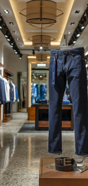 Dark slim-fit jeans on a mannequin stand in a luxurious retail boutique
