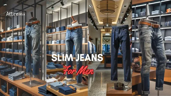 Slim Jeans for Men displayed in a boutique with organized shelves in the background