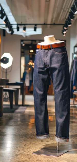 Display of slub jeans on a mannequin in a bright retail space.
