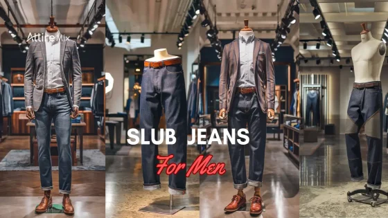 Mannequin showcasing stylish slub jeans for men in a contemporary retail space