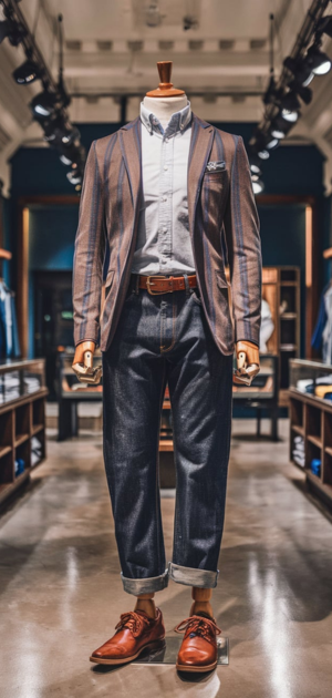 Mannequin dressed in slub jeans paired with a blazer and shirt in a stylish store.