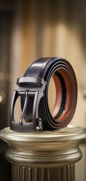 Navy blue leather belt with a unique clasp