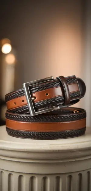 Men's brown and black leather belts, presented on classical pedestals.