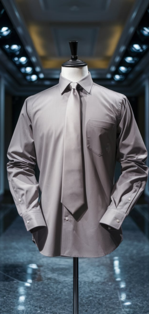 Gray solid formal shirt with a smooth texture and tie