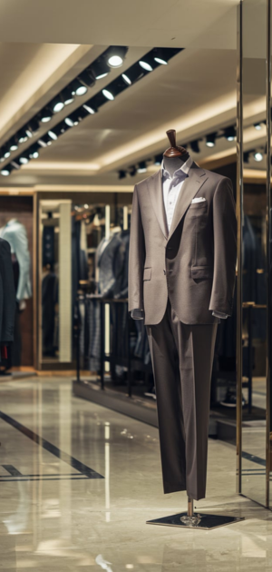 Brown solid formal suit displayed on a mannequin in a luxury store