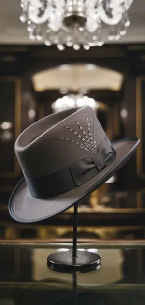 Gray hat with a feather accent on display
