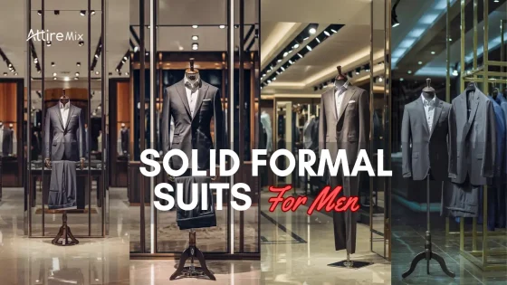 Solid formal suits for men displayed in an upscale and modern boutique setting.