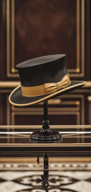 Elegant top hat with gold ribbon on a stand