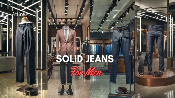 Text: Stylish solid jeans for men displayed in a modern boutique setting