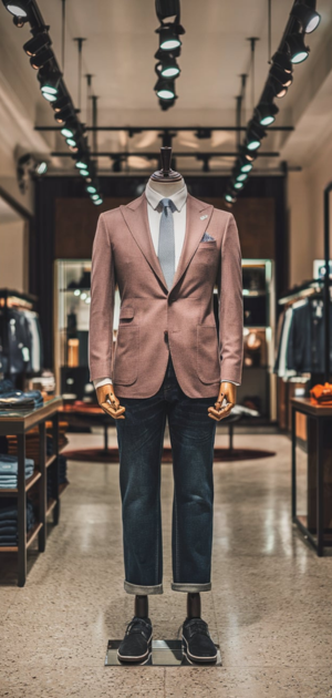 mannequin dressed in formal wear with dark jeans in a premium boutique setup.
