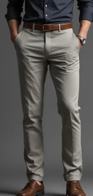 Man wearing light grey solid trousers with a dark shirt, brown belt, and brown dress shoes.