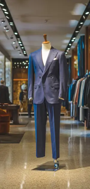 Classic navy blue suit displayed in a formalwear boutique