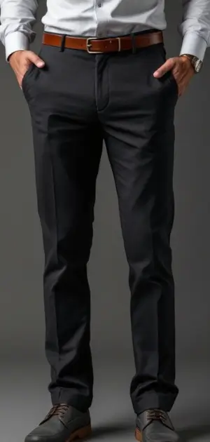 Man in black solid trousers with a white shirt, brown belt, and grey shoes.