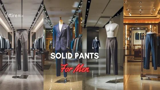 Assortment of solid pants for men in a luxury store setting.