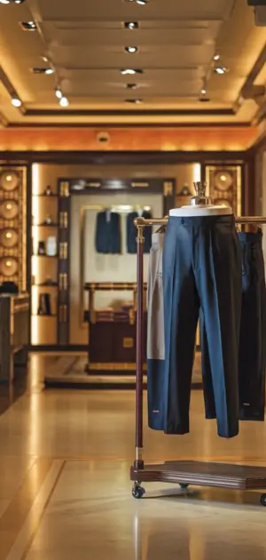 Black solid pants displayed in a luxury store interior