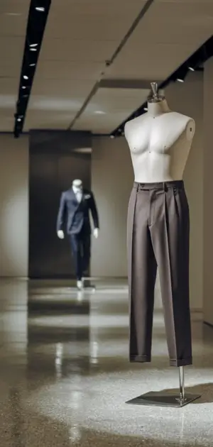 Brown tailored pants on a mannequin in a minimalist setting.