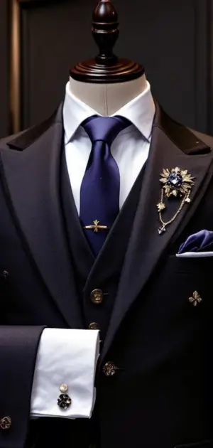 Navy suit with royal blue tie and gold brooch accessories