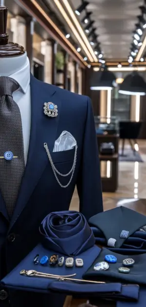 Close-up of a navy suit with detailed silver and blue accessories