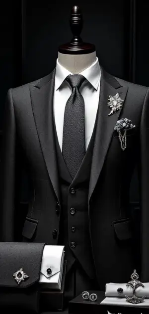 Charcoal suit with textured black tie and silver brooch accessories