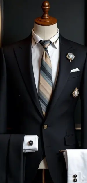 Black suit with striped beige tie and gemstone brooches