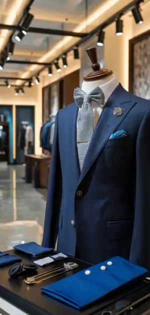 Navy suit paired with a silver tie and coordinating accessories displayed in a store