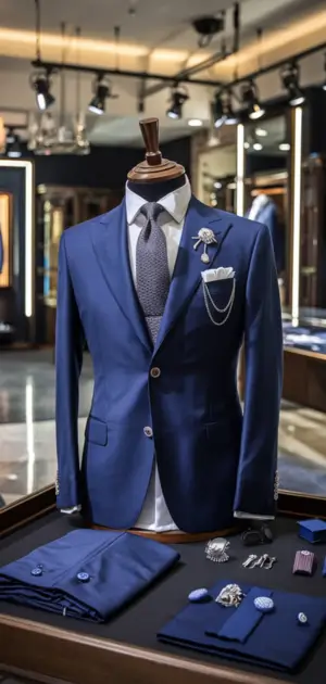 Navy suit with a silver bow tie and pocket square, displayed elegantly in a modern store.