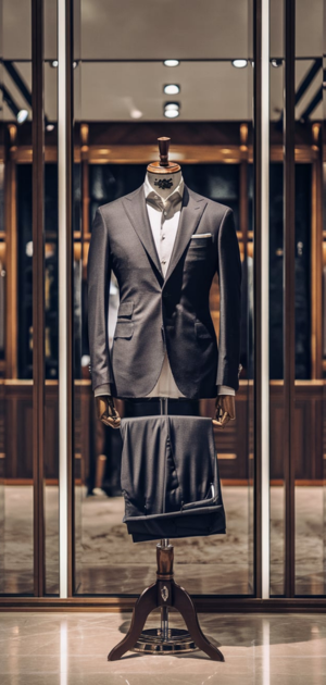 Black formal suit displayed elegantly in a luxurious boutique.