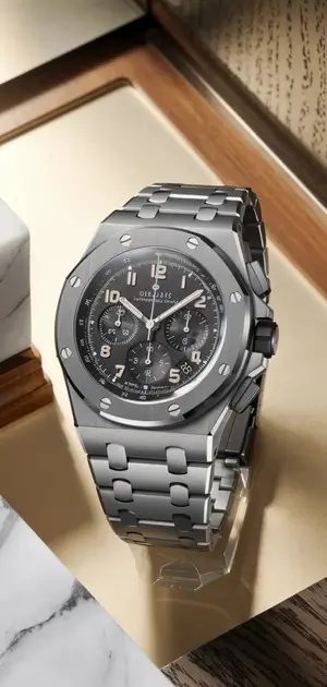 Classic steel watch with a detailed black chronograph dial.