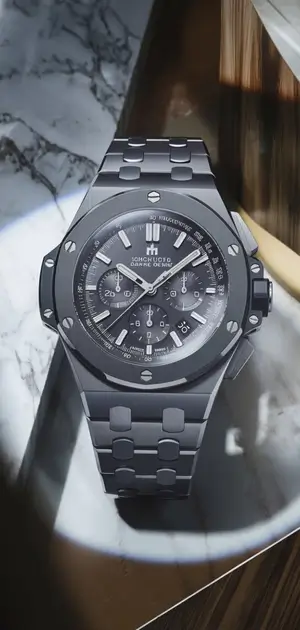 Black steel watch with luminous chronograph hands and a rugged design