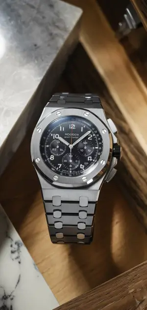 Stainless steel watch with a minimalist chronograph design.