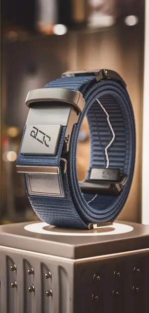 Blue digital sports belt for men on a stylish pedestal