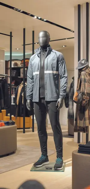 Gray sports jacket with reflective stripe on mannequin.