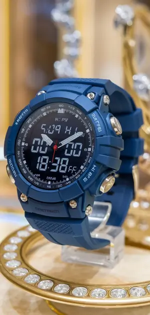 Sleek navy sports watch with digital display and multiple features