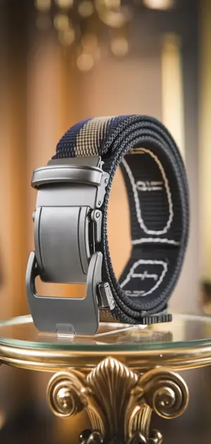 Two-tone sports belt for men on a gold-rimmed pedestal.