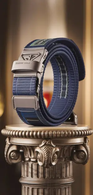 Blue and gray sports belt for men on a classical pedestal