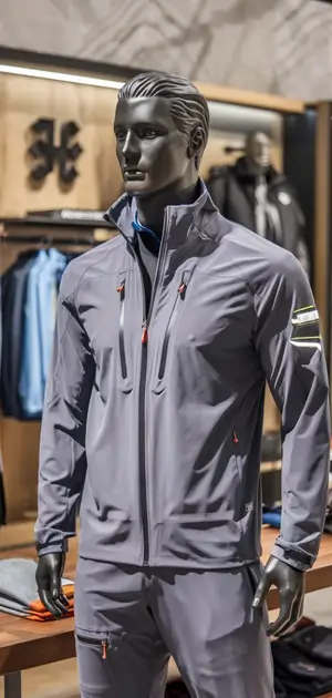 Full-zip gray sports coat with reflective accents