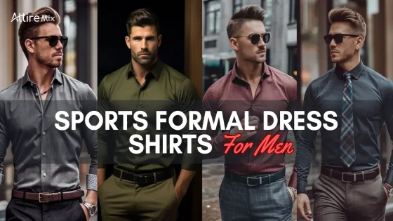 Four fashionable men in urban and casual settings modeling a range of formal men's dress shirts.