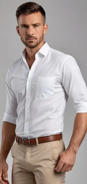 Stylish man showcases a tailored white sports formal dress shirt, perfect for professional settings.