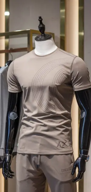 Beige t-shirt with curved stitched design, matched with beige joggers