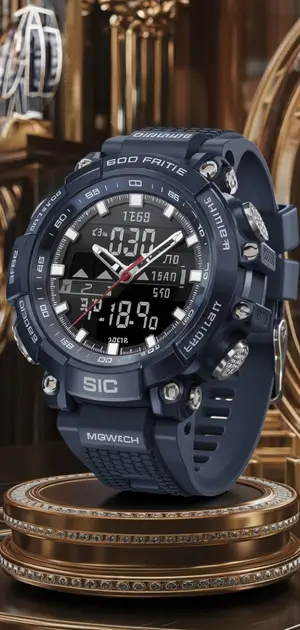 Large dial digital sports watch in a dark navy finish with bold details