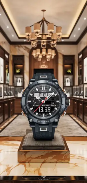 Digital sports watch with rugged black design and multifunctional display